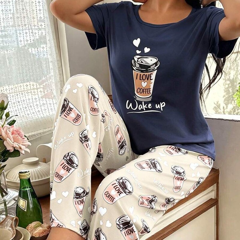2026 Cross-Border European and American Shein Plus-Size Women's Round-Neck Short-Sleeved 3D Printed Pajamas and Home Wear Long Pants Set 2026 Cross-Border European and American Shein Plus-Size Women's Round-Neck Short-Sleeved 3D Printed Pajamas and Home Wear Long Pants Set