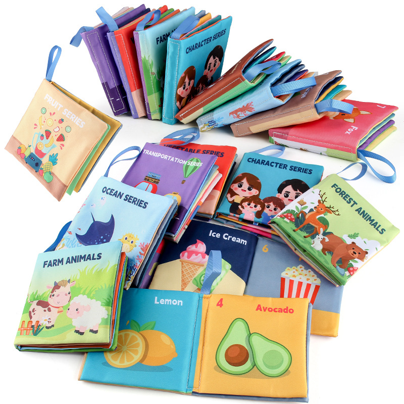 Libro de tela tridimensional para bebés juguetes de Educación Temprana de 4 lados de 8 páginas personaje de comida cognición animal libro de tela para bebés libro De Palma inglesa