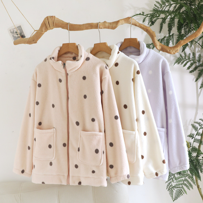 Women's fleece home wear top, thick and plush pajamas for spring, autumn, and winter, with zipper, pockets, and long sleeves Women's fleece home wear top, thick and plush pajamas for spring, autumn, and winter, with zipper, pockets, and long sleeves