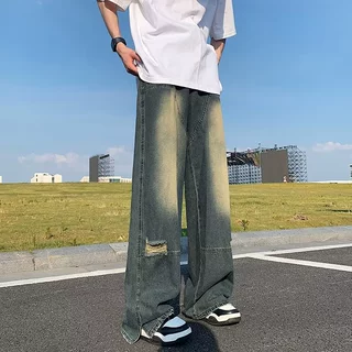 美式撞色复古蓝牛仔裤破洞裤直筒高街嘻哈宽松阔腿长裤潮男女爆款