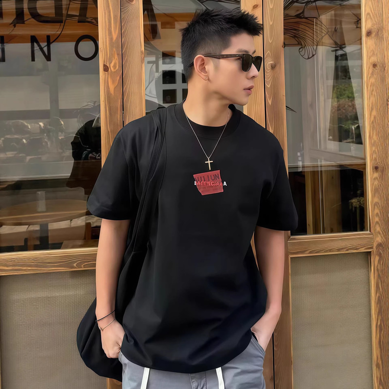 Paris Short-Sleeve T-Shirt for Men and Women with Sticker Tape Pattern Embroidery B Brand Round Neck Versatile Blgg Pure Cotton T-Shirt