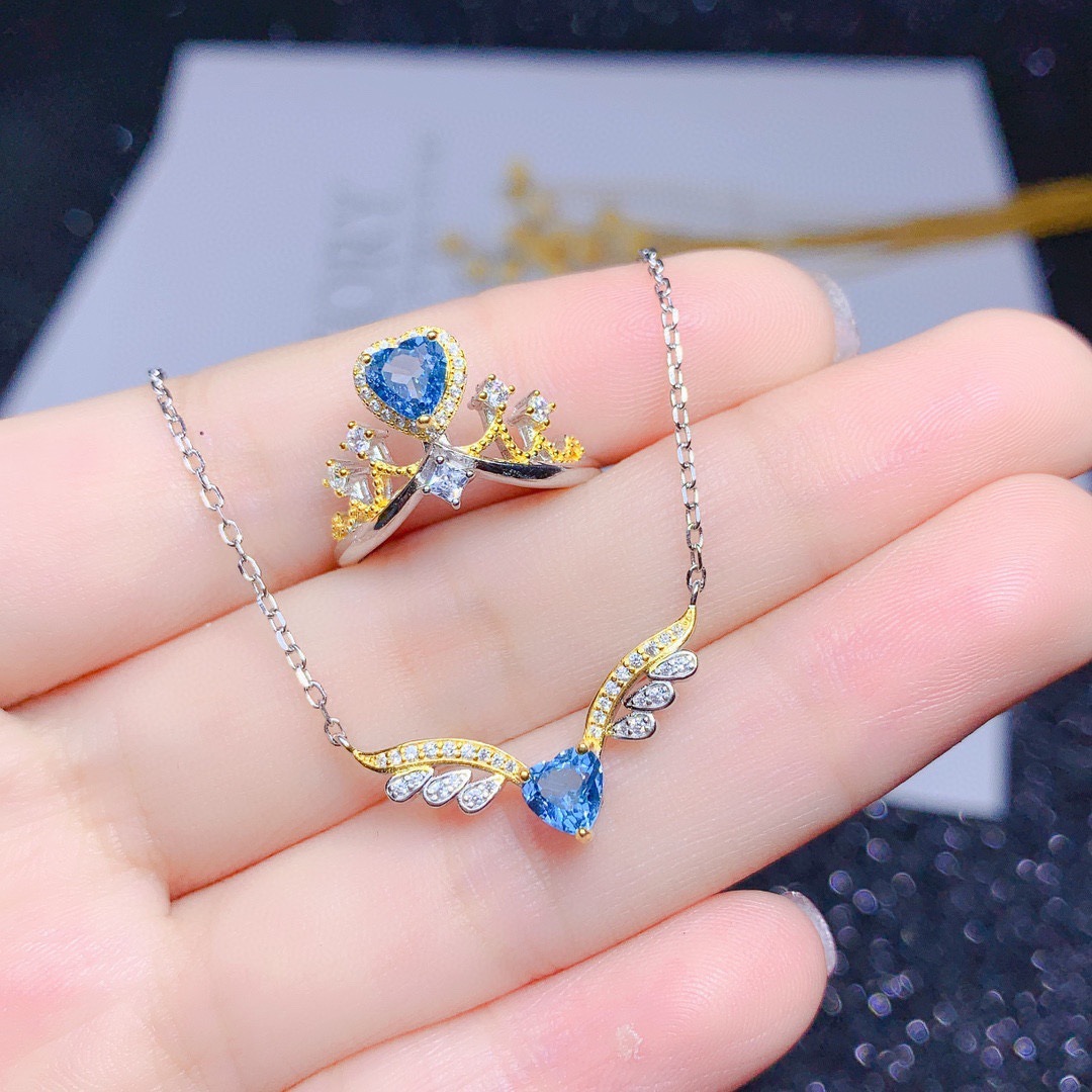 New Angel Wing Necklace Heart-shaped Blue Topaz Color Ring Pendant Copper Set display picture 2