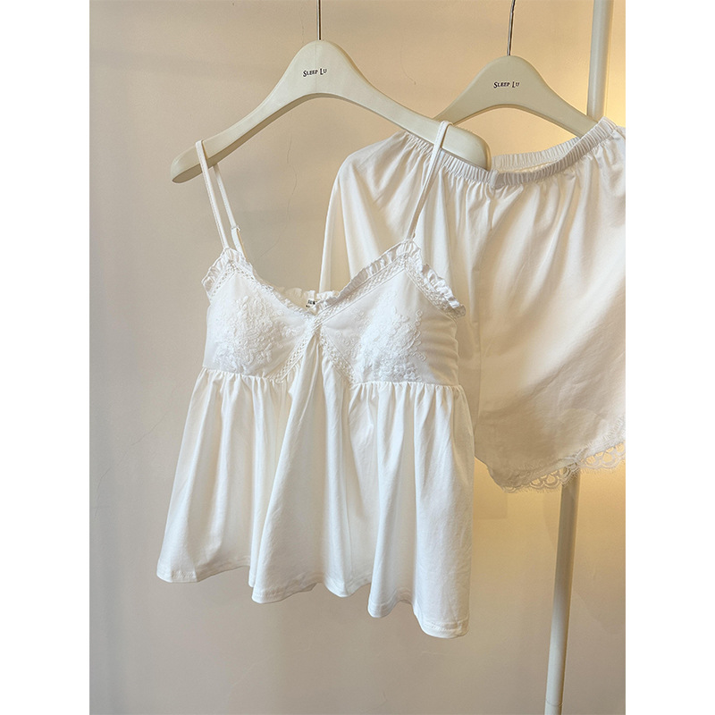 Summer Pure Desire Style Pajamas Women's 2024 New Summer Sexy Lace Sling Shorts Home Clothes suit