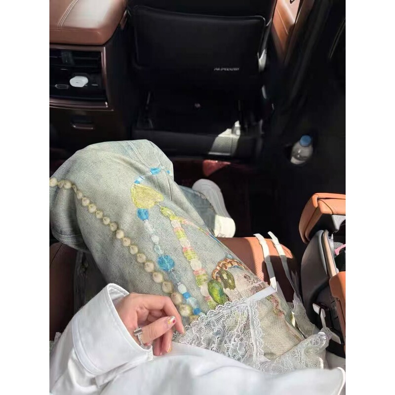 蕾丝珍珠链条3D数码立体印花牛仔阔腿裤女秋复古做旧街头个性裤子|undefined