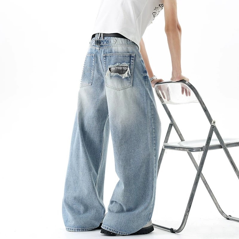 American-Style Washed Loose-Fitting Boyfriend-Style Lazy Denim Jeans for Men and Women, Vintage Cross-Stitched Rivet Ripped Floor-Length Pants American-Style Washed Loose-Fitting Boyfriend-Style Lazy Denim Jeans for Men and Women, Vintage Cross-Stitched Rivet Ripped Floor-Length Pants