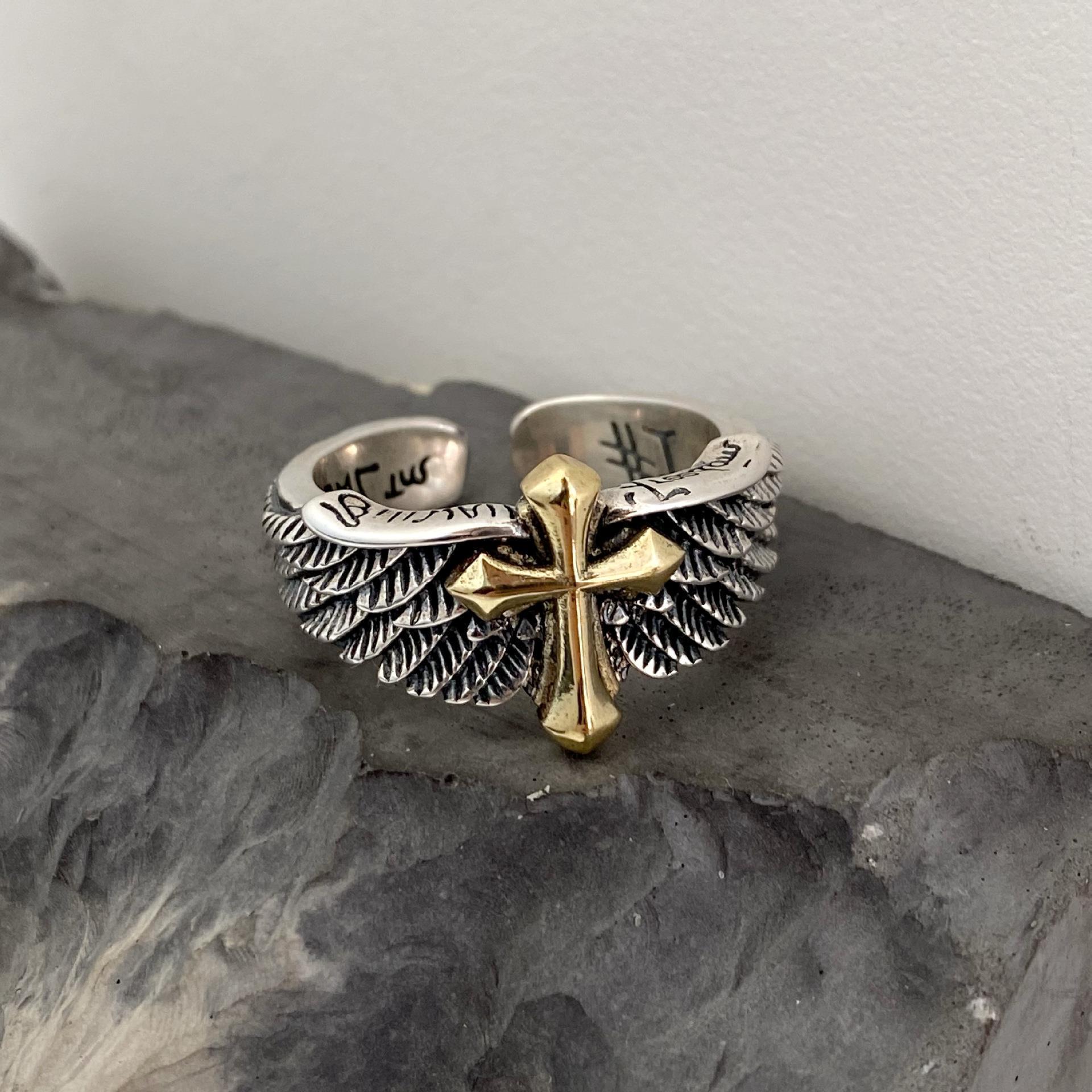 Factory wholesale Thai silver wings cross graffiti letters open ring domineering personality male ring