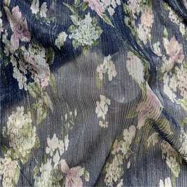 全涤亮丝网布幻灯丝印花压皱面料 褶皱夏季连衣裙透明面料