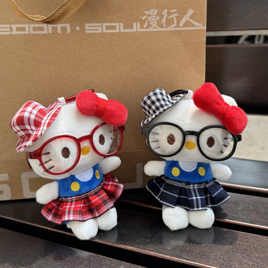 체크 치마 고양이 봉제인형 키링 가방 장식
