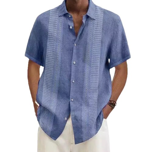 Summer Men 3D Print Short Sleeve Shirt Striped Loose Men's Top Mid-Blue Men's Shirt