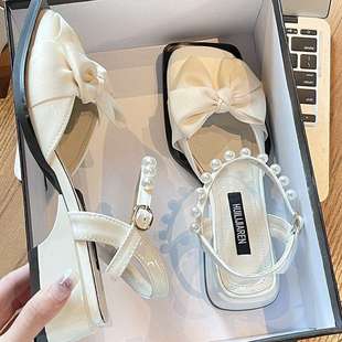 Baotou Sandals Fairy Style 2025 New Summer Bow Pearl Low Medium Heel Small Leather Shoes for Women with Skirts