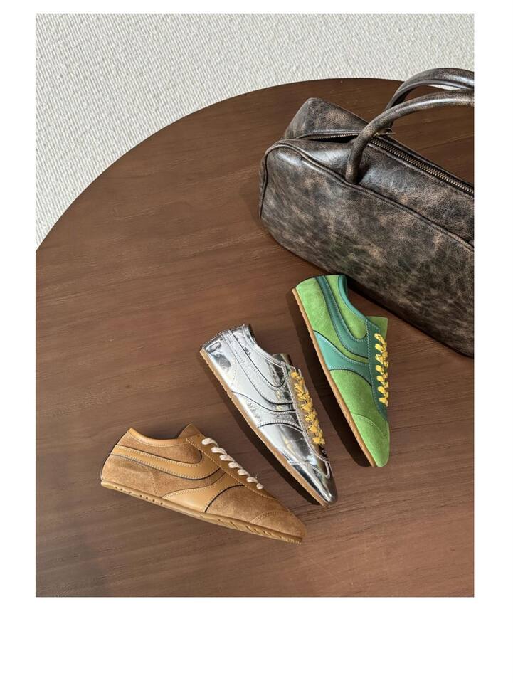 Giày sneaker nữ da thật cổ thấp dáng cổ điển buộc dây phối màu — Bạc, màu nâu, màu xanh lá cây, màu đỏ chi tiết 37