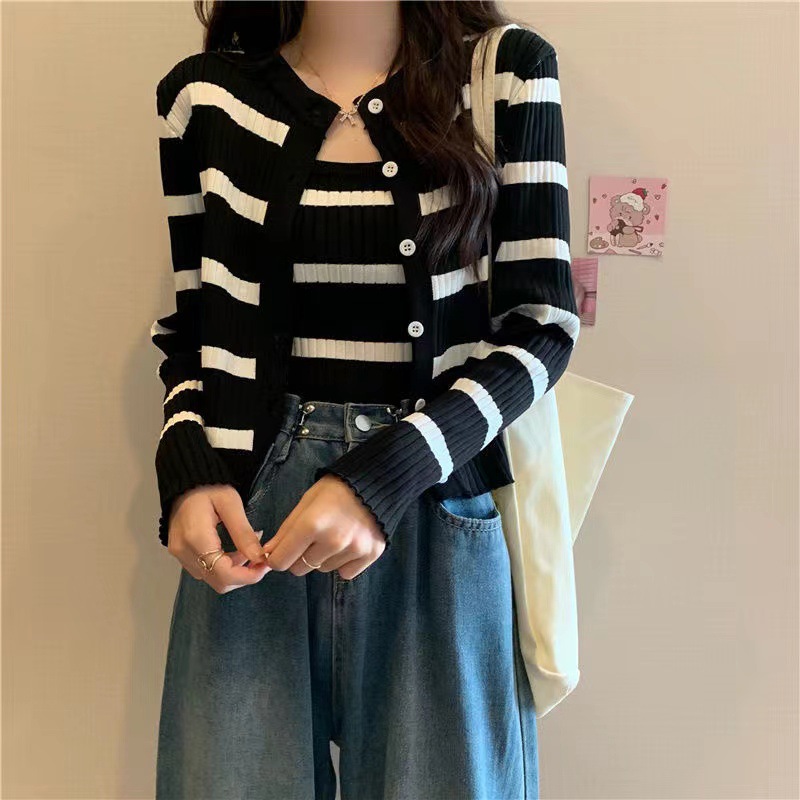 81g Weight Long Sleeve Sleeve Length Single Breasted Placket Type Ice Silk, Polyester Fabric Type Short Top Length Knitwear Tops Type Daily Occasion Round Neck Neckline Slim Fit Type Stripe Pattern Spring, Autumn Season Women's Gender Casual Style Wholesale Women's Ice Silk Polyester Casual Stripe Long Sleeve Sweaters & Cardigans 12
