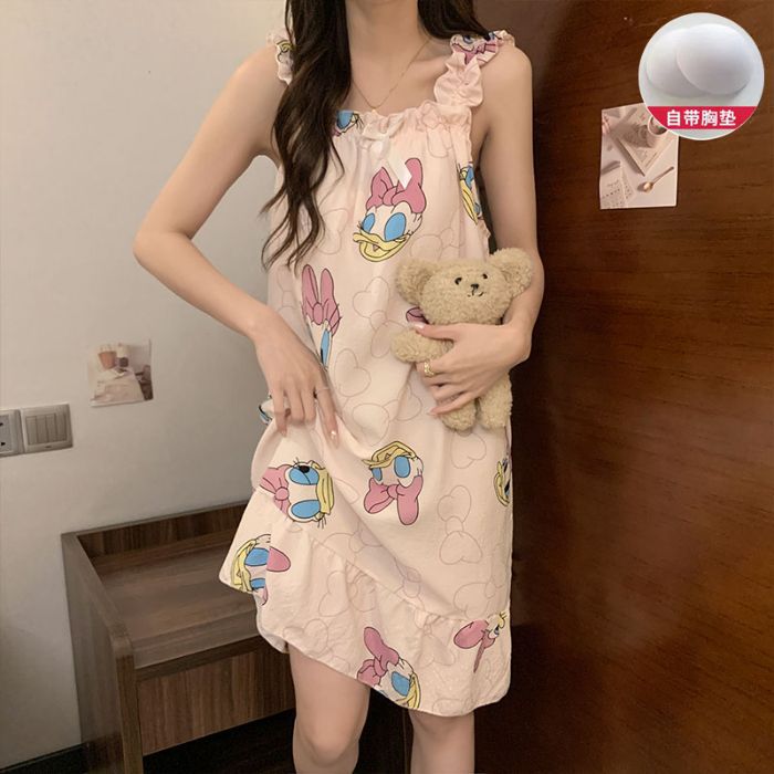 Venta al por mayor transfronteriza nuevo estilo verano honda almohadilla para el pecho pijama mujer lindo dulce y cómodo paño arrugado burbuja camisón de longitud media