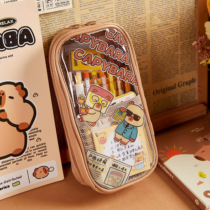 Capibala bolsas de lápiz transparentes de gran capacidad de estudiantes de primaria lindas cajas de papelería resistentes al agua pequeñas cajas de lápiz multicapa