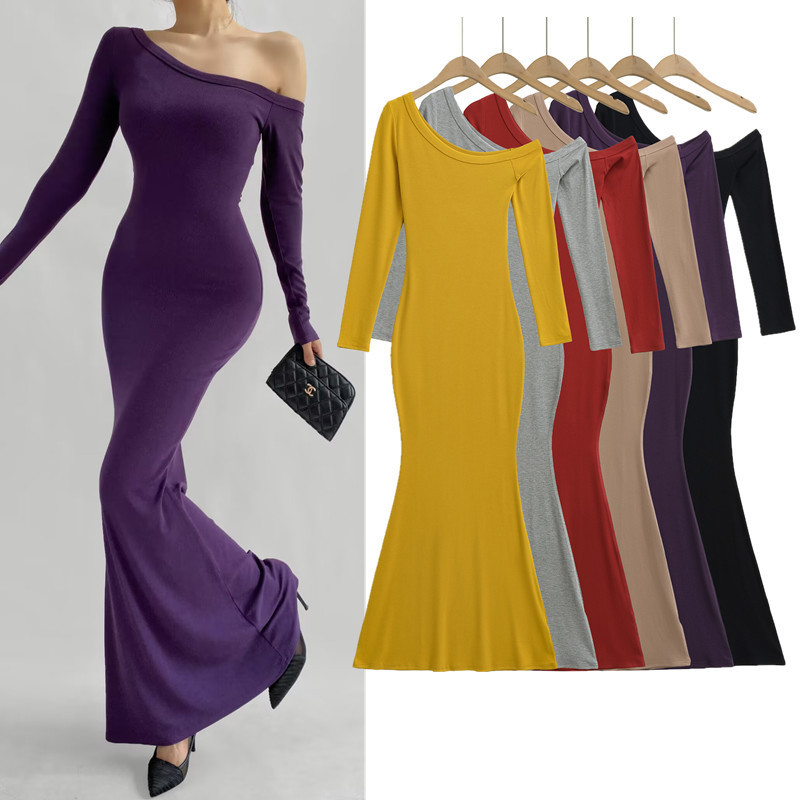 Hot Girl Slanted Shoulder Long Sleeve Hip-Covering Fishtail Skirt Women's 2025 Autumn New Pure Color Elastic Slim Bottoming Dress Long Skirt