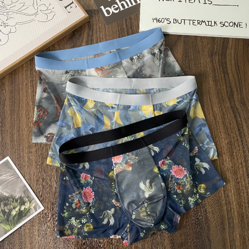 Summer ultra-thin breathable printed mesh men's underwear ice silk comfortable sweat-wicking high-end Chinese style large size pants