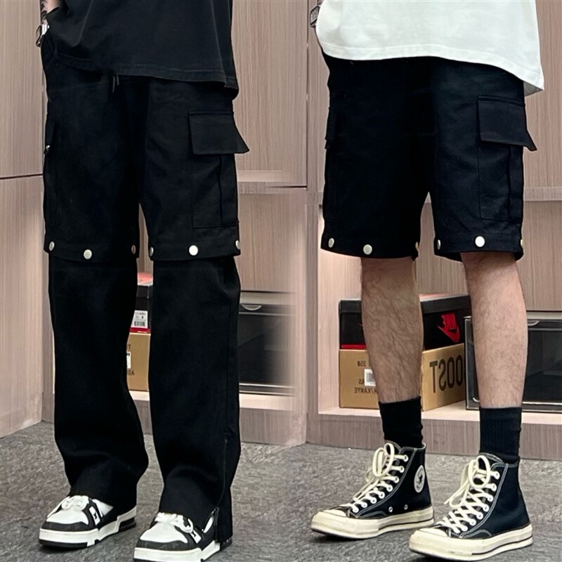 Pants Men's 2023 Summer Loose Solid Color Four-button Detachable Pants Two-way Overalls Pants Multi-pocket Pants