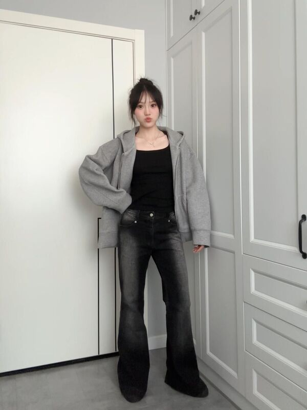 2025新款纯色连帽卫衣外套灰色开衫女春秋休闲宽松韩系慵懒风上衣|undefined