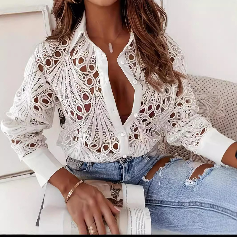 Lace Insert Lantern Sleeve Top Long Sleeve Summer Casual Lace Shirt T-Shirt Sexy Party Vacation Party