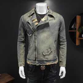 重机车服新款男做旧灰摩托服牛仔外套男潮牌高端夹克工装上衣