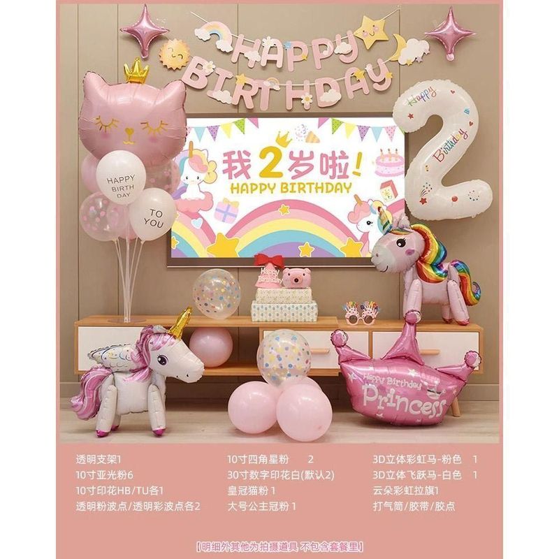 独角兽女孩生日装饰场景布置电视投屏儿童周岁卡通背景墙宝宝套餐|undefined