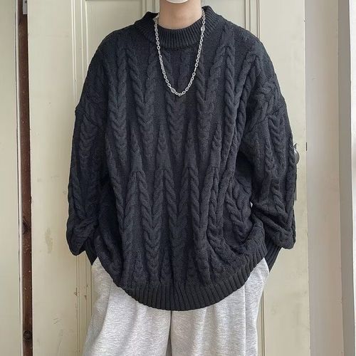 Japanese-style loose cabled sweater for men and women, outerwear couple's Korean design, lazy style, Hong Kong style, round neck knitted jacket for men
