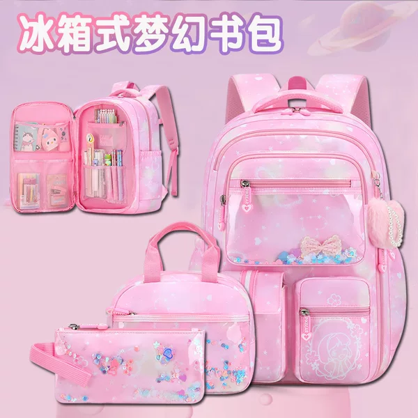 2026 Cross-Border Best-Selling Three-Piece School Bag Set Butterfly Tri-Color Backpack for Student Girls in Pink, Purple, and Blue
