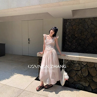 攸吉CZ ZHANG夏季韩版扎染方领飞飞袖抽绳天丝度假连衣裙女B26946