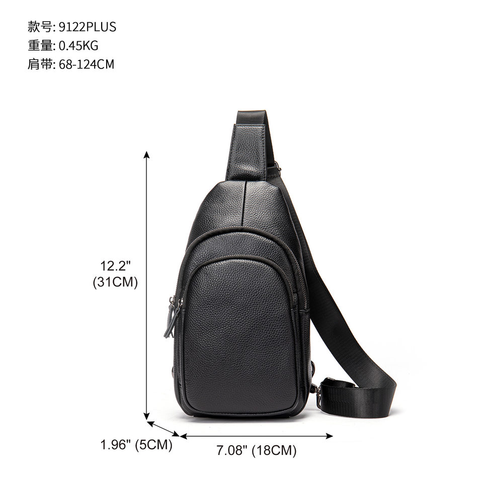 Túi đeo ngực nam da bò thật vân trơn, đựng vừa máy tính bảng 8 inch — Màu đen, Phiên bản nâng cấp màu đen
