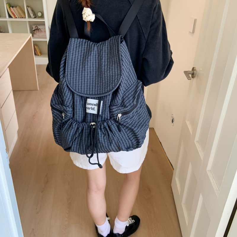Mochila de color sólido ligero de gran capacidad casual, bolso de mujer a cuadros con cordón, mochila escolar para estudiantes de moda callejera de todo fósforo