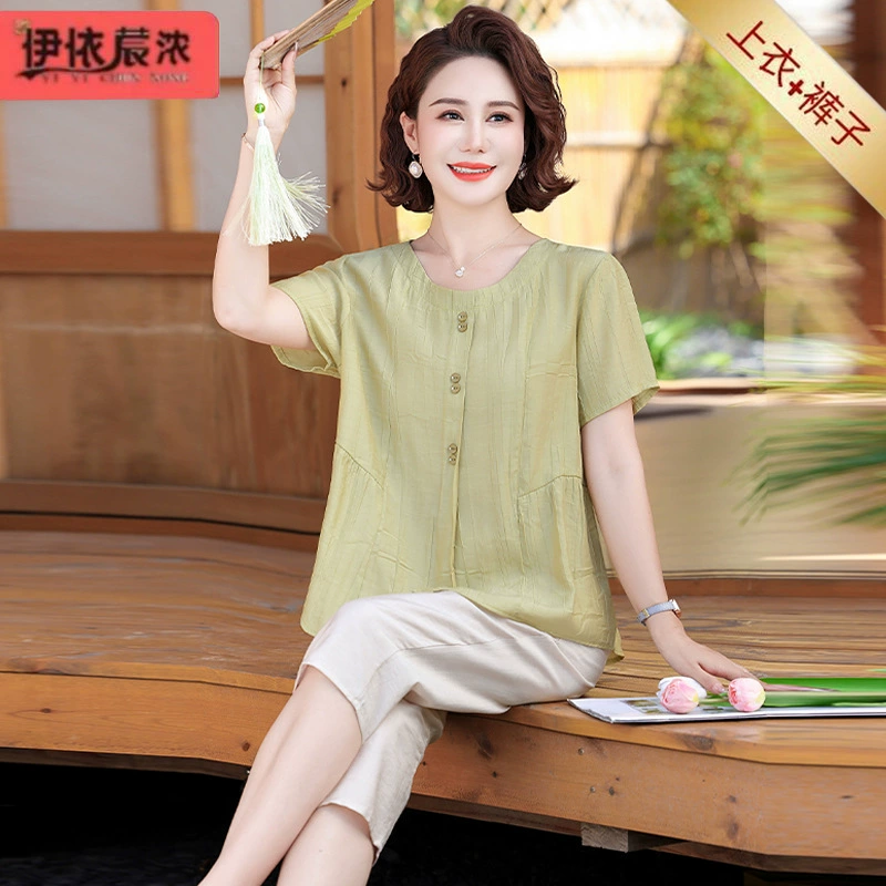 Летнее платье мамы мерсеризованый конопля с короткими рукавами 50-летняя женщина классная и дышащая футболка из двух частей