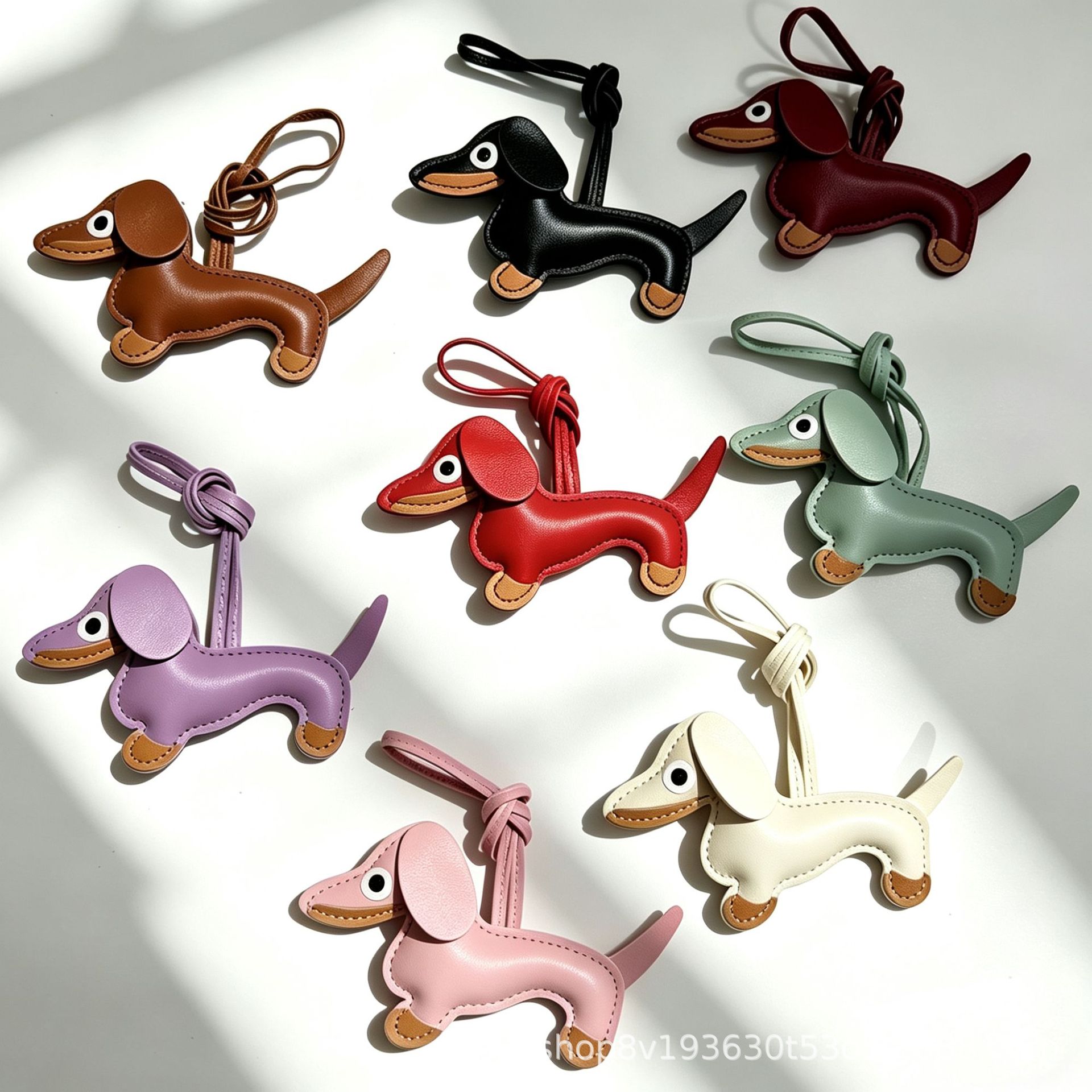 Popular sausage dog PU leather stuffed pendant bag accessory, cute cartoon leather puppy keychain