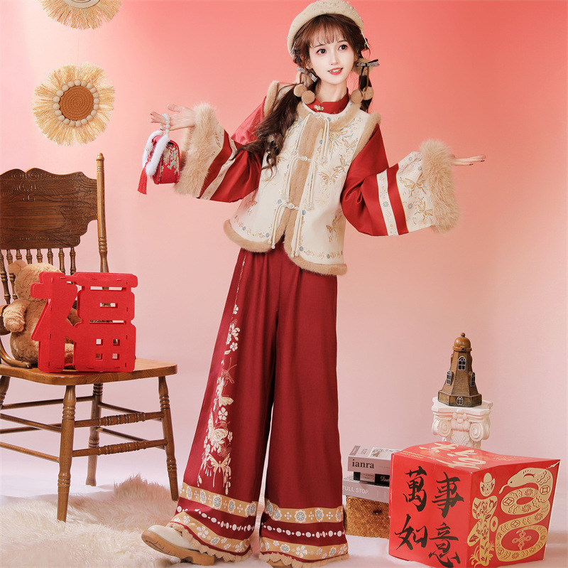 Original New Chinese-Style Hanfu for Women 2025 New Winter Improved Baju Pants with Fleece and Thickened New Year Greeting Outfit