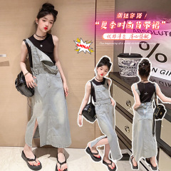 Girls denim suspender skirt summer long 2024 new Korean version loose high waist college style retro slit long skirt