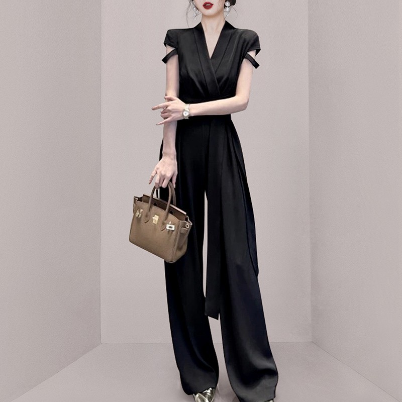 Sentido del cinturón de temperamento de cintura con cuello en V para damas, pantalones delgados de pierna ancha 2023 nuevo mono Yujie Fan transfronterizo