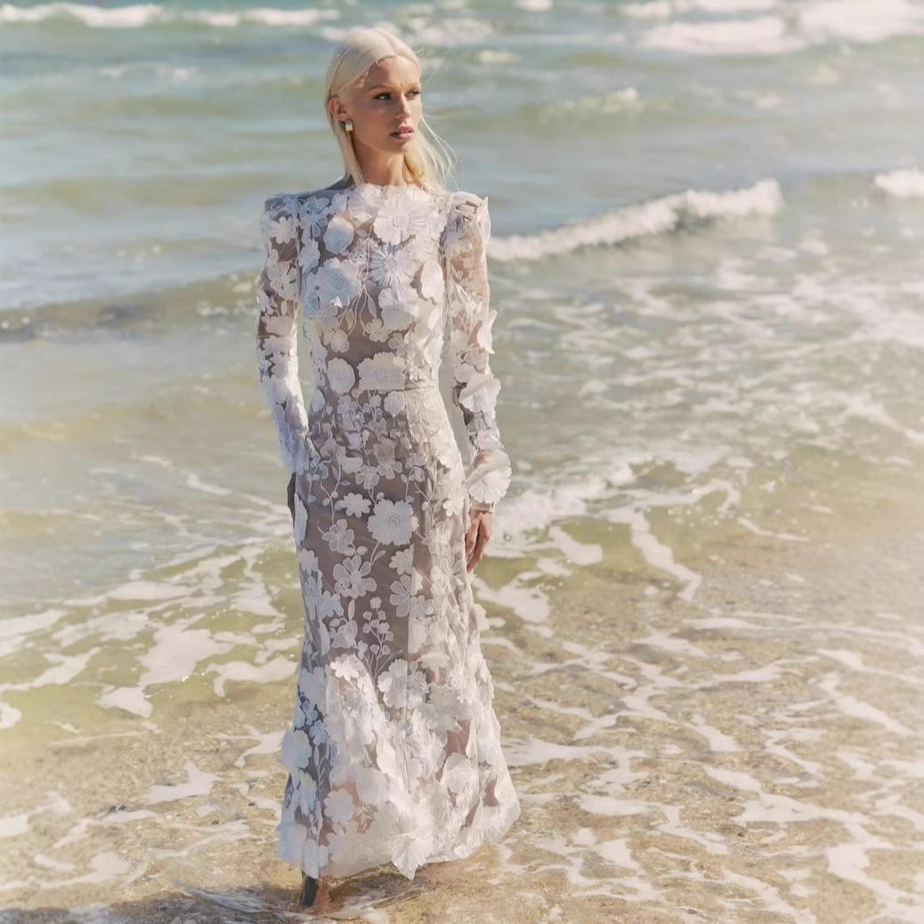 Light Luxury White Embroidered Three-Dimensional Flower High-Waisted See-Through Slim-Fitting Western-Style Small Dress Long Fishtail Dress