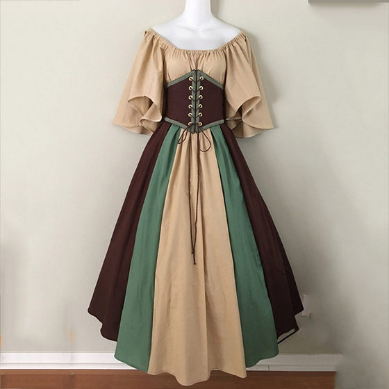 European and American Cross-border Medieval Retro Contrast Color Slim Fit dress Flying Sleeve Large Swing Dress Cos Dress Performance Stage Dress