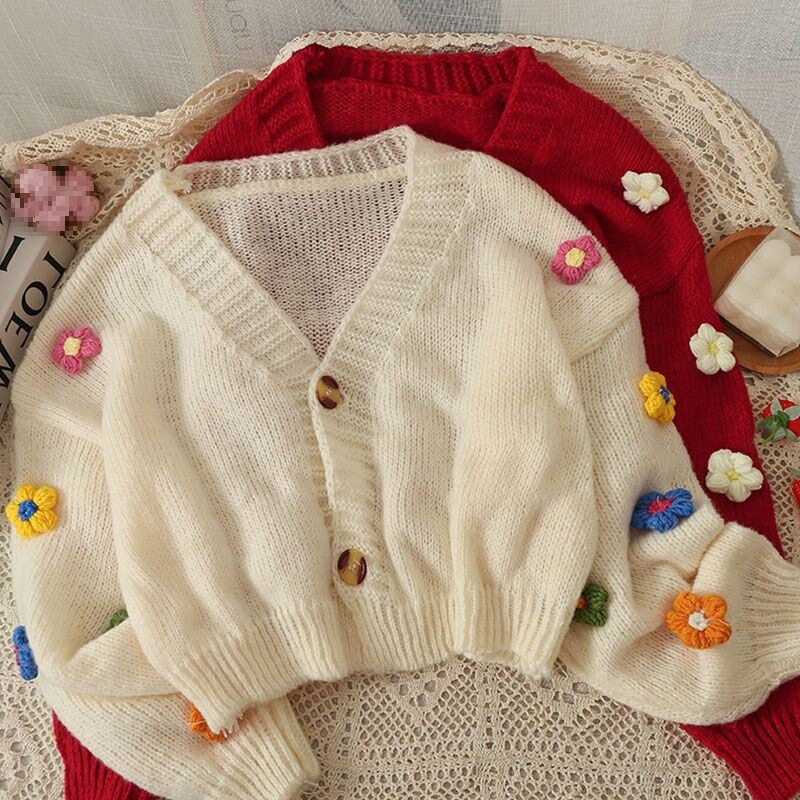 Unique Versatile Floral Short Two-Button Knit Sweater for Women, New Autumn Low-Neck Three-Dimensional Long-Sleeve Cardigan for Women Unique Versatile Floral Short Two-Button Knit Sweater for Women, New Autumn Low-Neck Three-Dimensional Long-Sleeve Cardigan for Women