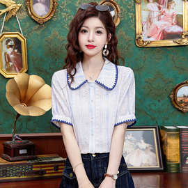 短袖娃娃领蕾丝上衣女2025夏季新款时尚气质拼色衬衣休闲百搭衬衫