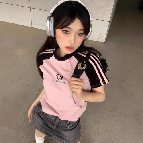 TCPerror American Retro Hot Girl Square Neck Short-Sleeve T-Shirt Women Color Block Sleeveless Fit Crop Top