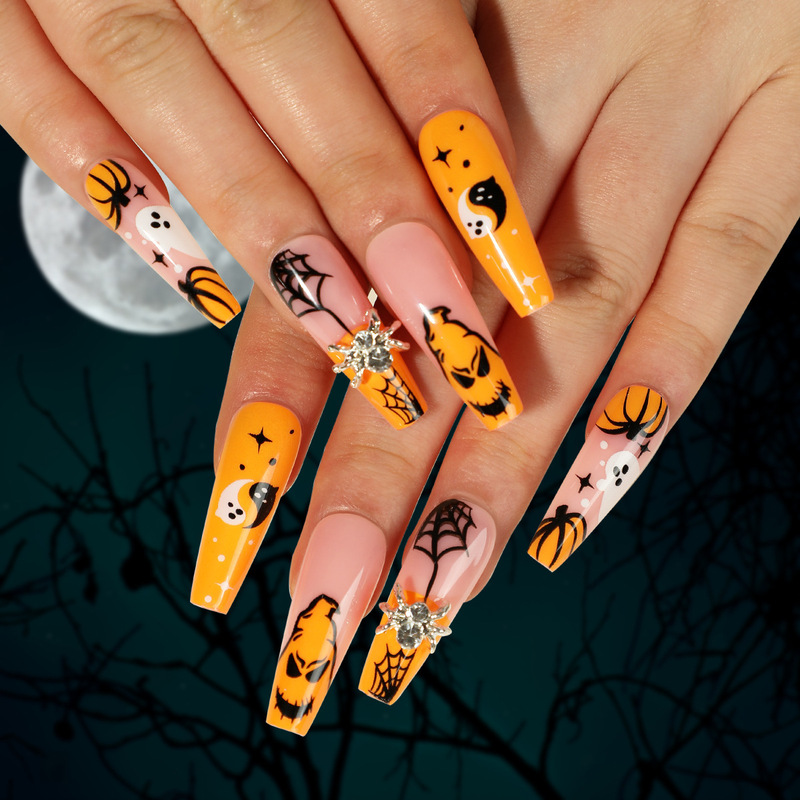 Nail Tips Halloween Manicure Spider Rhinestone Spider Web White Ghost Pumpkin Press on Nails Nail Tips Halloween Manicure Spider Rhinestone Spider Web White Ghost Pumpkin Press on Nails