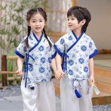 儿童国风新中式青花瓷夏季短袖套装幼儿园六一演出服薄款兄妹装
