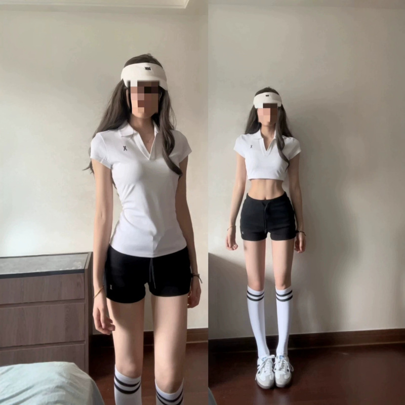 Korean-Style Polo Shirt with Regular Shoulders and Short Sleeves for Women, Summer Design with a Cinched Waist, Slimming Effect, Spicy Girl Sports Style, Turn-Down Collar Top Korean-Style Polo Shirt with Regular Shoulders and Short Sleeves for Women, Summer Design with a Cinched Waist, Slimming Effect, Spicy Girl Sports Style, Turn-Down Collar Top