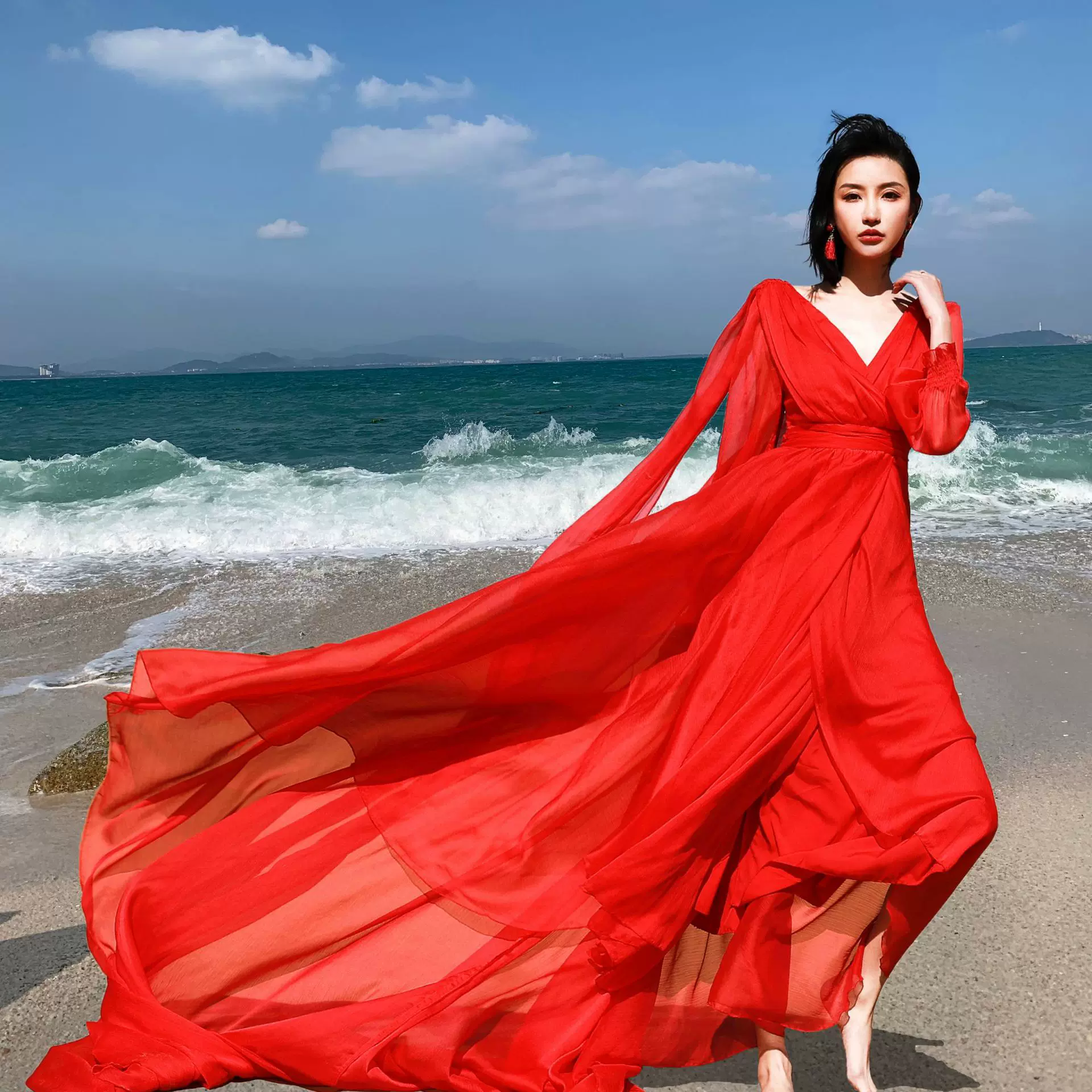 茶卡盐湖沙漠西藏旅拍长裙民族风异域复古连衣裙气飘逸沙滩裙f663