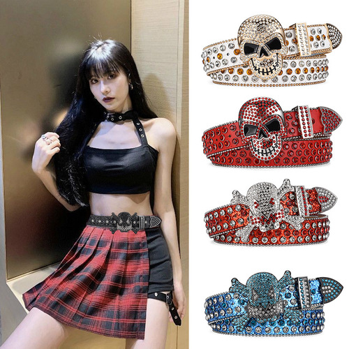 Skull buckle rhinestone European and American men's hip-hop punk style belt personality fashion versatile belt women's full diamond belt