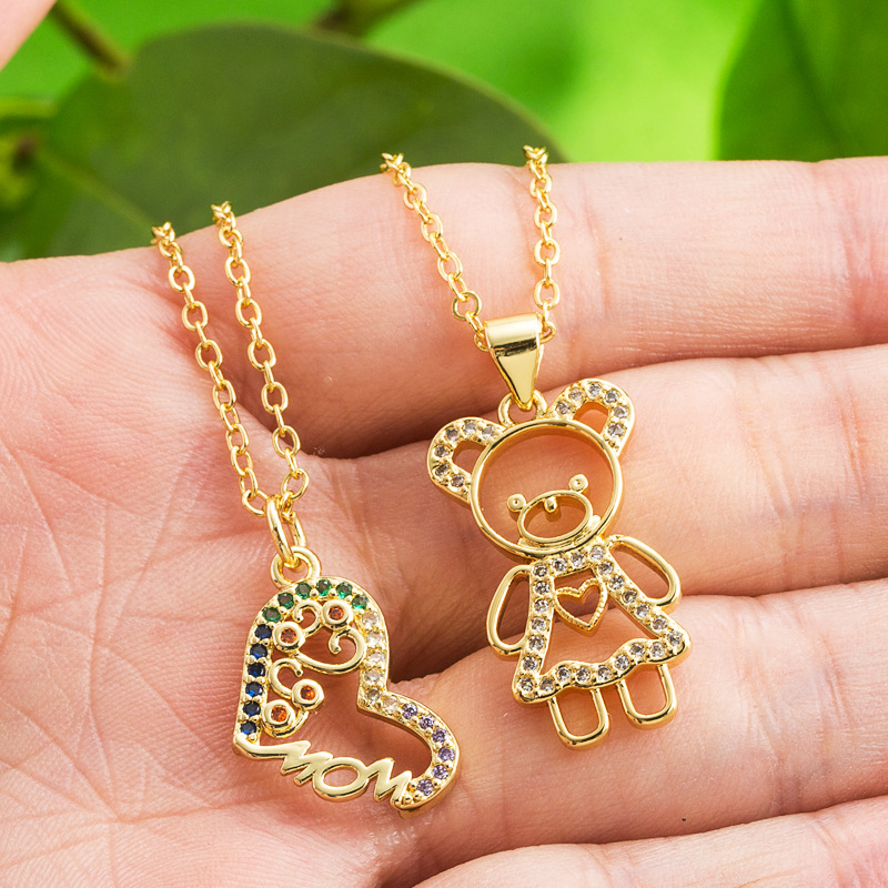 motheru0027s day gift heart mom bear pendant copper 18K gold-plated inlaid zircon necklace