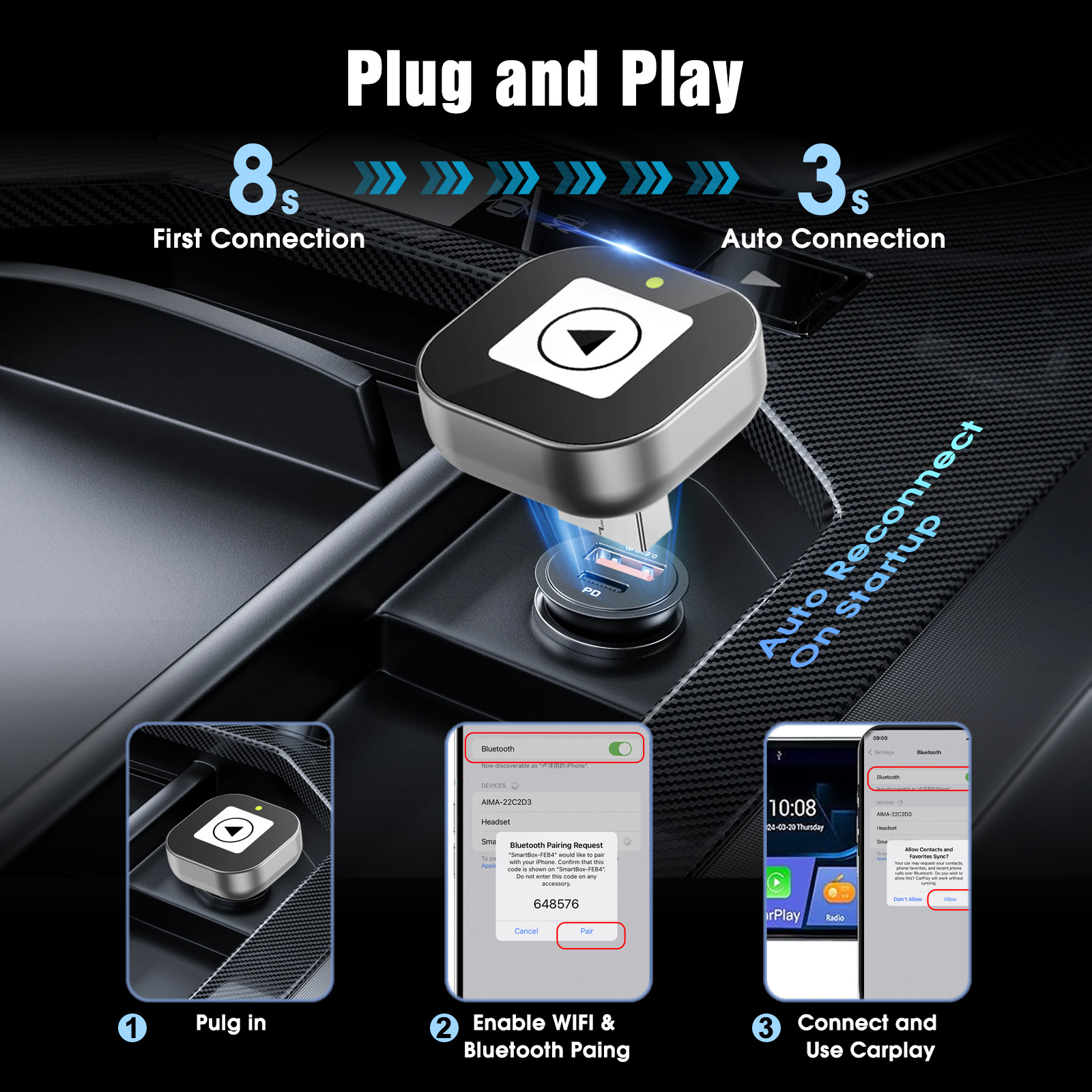 Cross-Border Smart Carplay Box Car Converter Android Auto Wired to Wireless Car-Machine Interconnection
