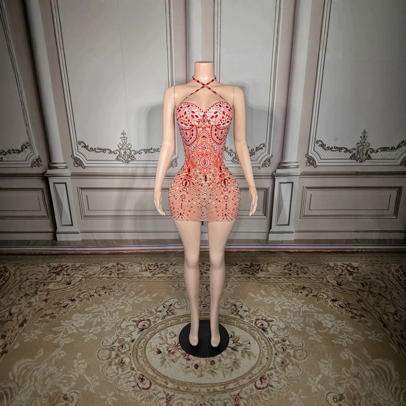 High-end heavy-duty red rhinestone cinched-waist light-luxury bodycon dress, sexy party ballroom court style bar disco short dress High-end heavy-duty red rhinestone cinched-waist light-luxury bodycon dress, sexy party ballroom court style bar disco short dress