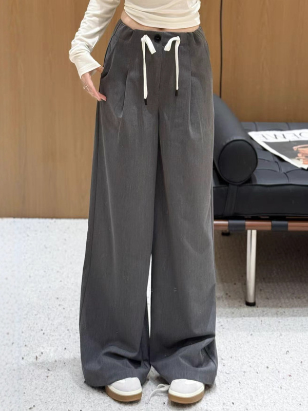 韩版潮流休闲裤抽绳腰头撞色拼接直筒裤南油秋季女通勤百搭阔腿裤|undefined