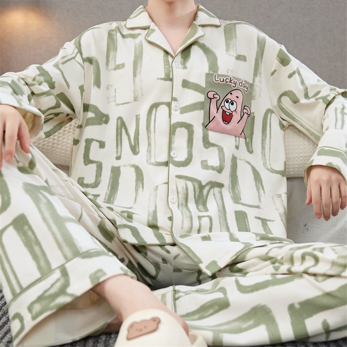 Pajamas Men's Pure Cotton Long-Sleeved Spring and Autum Boys' Middle and Large Children's Teenagers Junior High School Students Cardigan Home Clothes Set